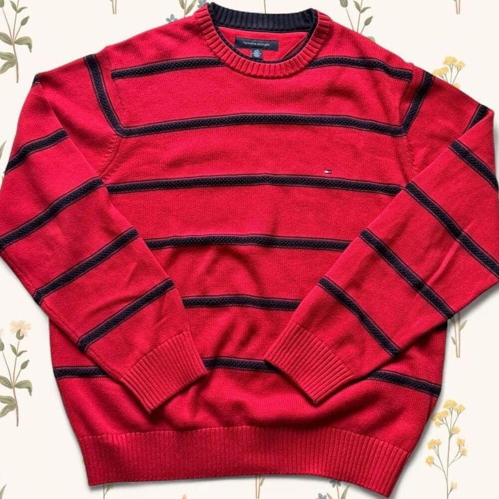 Tommy Hilfiger Y2K Men's Red and Navy Striped Knit Sweater - Size Large